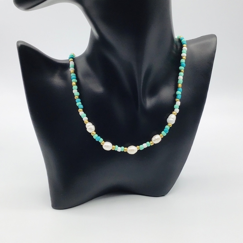 Beach Necklace Bohemian Fresh Water Pearls Teal Blue White Gold Tone Bea…